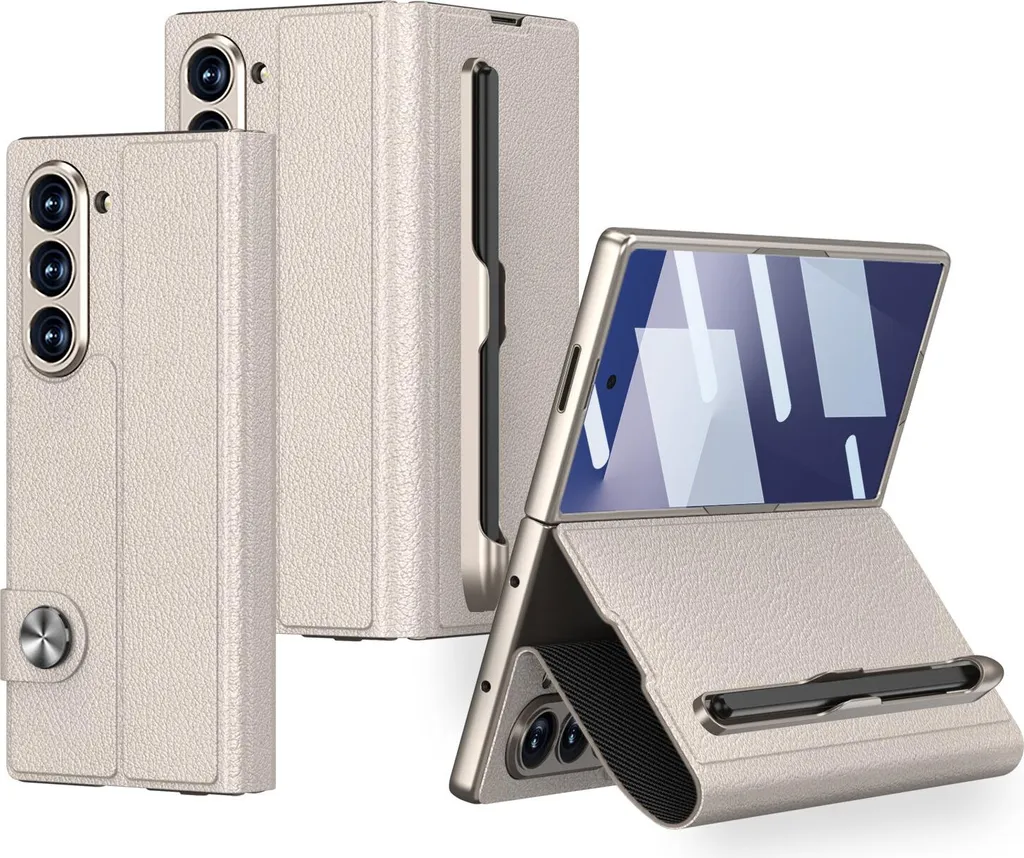 Custodia Business Samsung Z Fold 7 Pelle Beige Porta Carte e Stilo