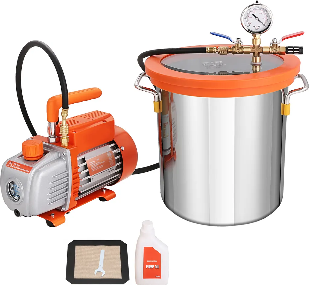 SucceBuy Set camera a vuoto da 5 galloni e pompa da 3,5 CFM, coperchio in vetro temperato, pompa a vuoto monostadio con 250 ml di olio, ideale per la stabilizzazione del legno, il degasaggio di siliconi ed epossidici