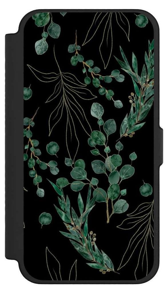 NIVOCASE Klapphülle für Apple iPhone 12 Pro Max Handyhülle aus Kunst Leder NIVOflip schwarz Blätter Natur Eukalyptus