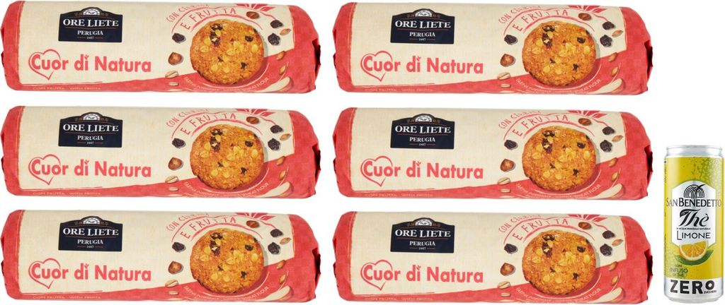 6er-Pack Ore Liete Cuor di Natura Biscotti Frutta,Kekse mit Getreide und Obst,mit Vollkornmehl und ohne Zuckerzusatz,250g + 1er-Pack San Benedetto...