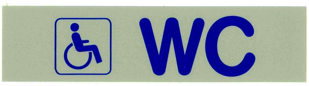 Contacto Schild BEHINDERTEN WC (Symbol), wetter- und wischfest, selbstklebend, blaue Schrift auf silberfarbenem 0,5 mm starkem Hartplastik