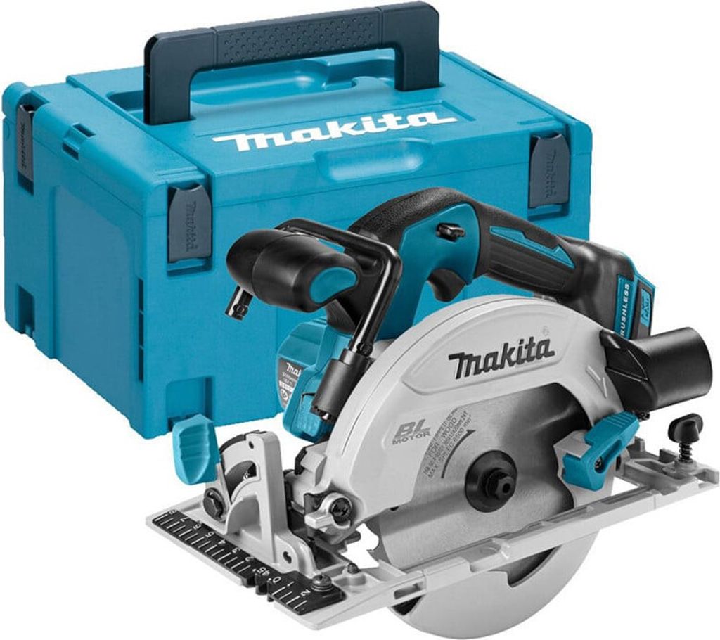 A Makita cordless circular saw and its storage case are displayed against a white background.