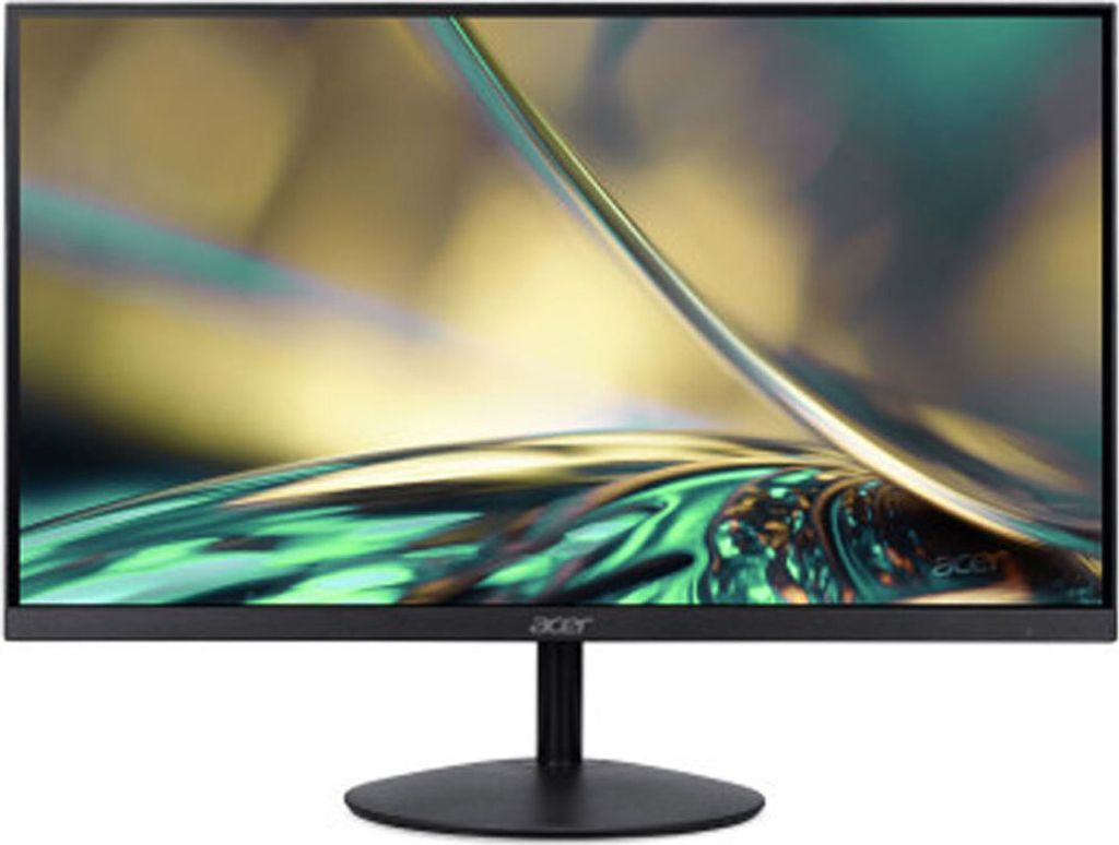 A black computer monitor on a stand, displaying a colorful abstract image.