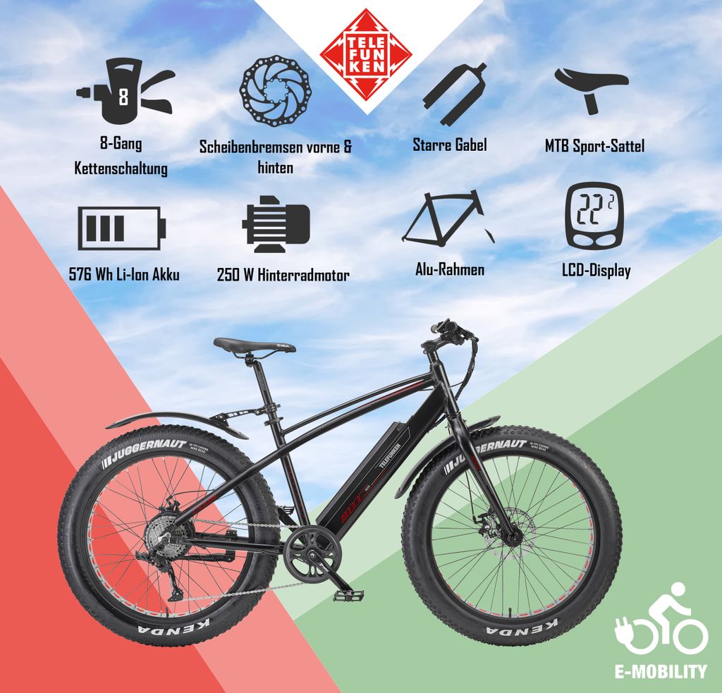 Telefunken E-Bike FM350 26 Zoll Fatbike mit 8 Gang Produktbild 5