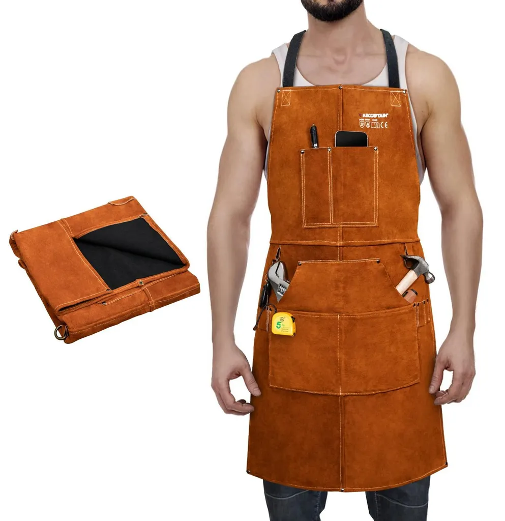 Tablier de protection en cuir marron pour soudeur et forgeron - Taille L