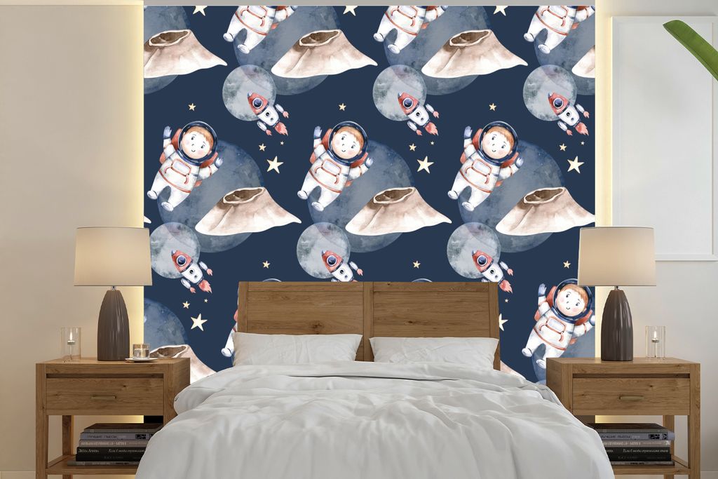 MuchoWow Fototapete für Wohnzimmer oder Schlafzimmer Wandtapete Vinyl Motivtapete Astronaut - Rakete - Weltraum - Kinder - Jungen - Mädchen - K...