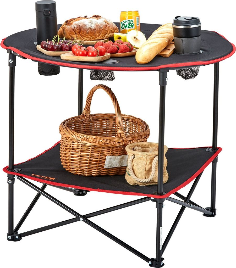 Klapptisch Campingtisch 720x720x610 mm, Zusammenklappbarer Gartentisch 2-lagiger Balkontisch Mehrzwecktisch mit 4 Getränkehaltern 25 kg Belastbar ...