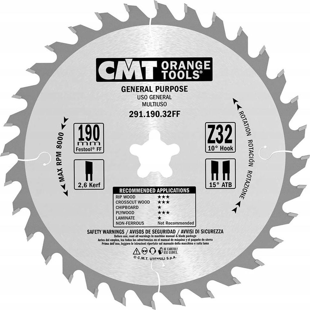 CMT Kreissäge HM 190 mm 32 Zähne Bohrung 20 mm Dicke 2,6/1,6 mm 291.190.32FF
