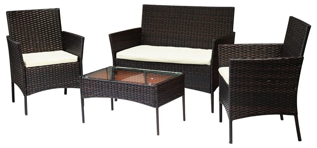 Ensemble mobilier de jardin 4 places en résine tressée noire et verre