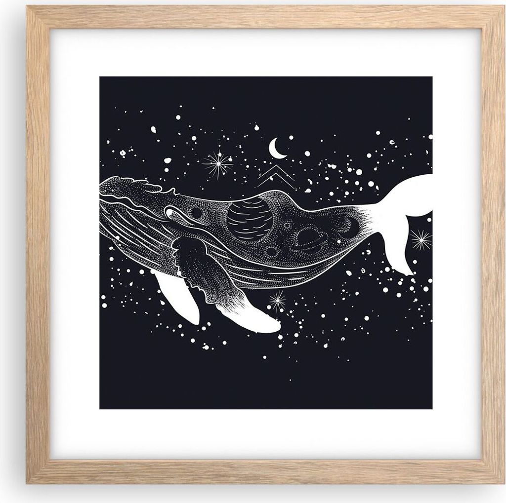 Gerahmtes Poster - Rahmen in heller Eiche - Wal Schwarzweiß Grafik - 30x30 cm - Wand Bild - Wanddeko - Wandbilder - Kunstposter - Wandposter - Bil...