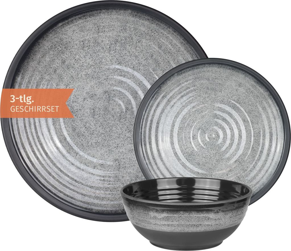 Camping Geschirr Set 1 Person 3-teilig | Melamin | Picknick Geschirrset | Campinggeschirr Stone Grey Design