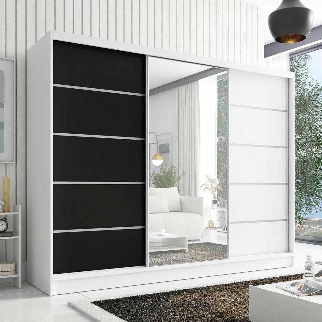 Schwebetürenschrank AURELIA 1, 3-türig Schrank 200 cm Kleiderschrank mit Schubladen, und Spiegel. Farbe: Weiß / weiß / schwarz