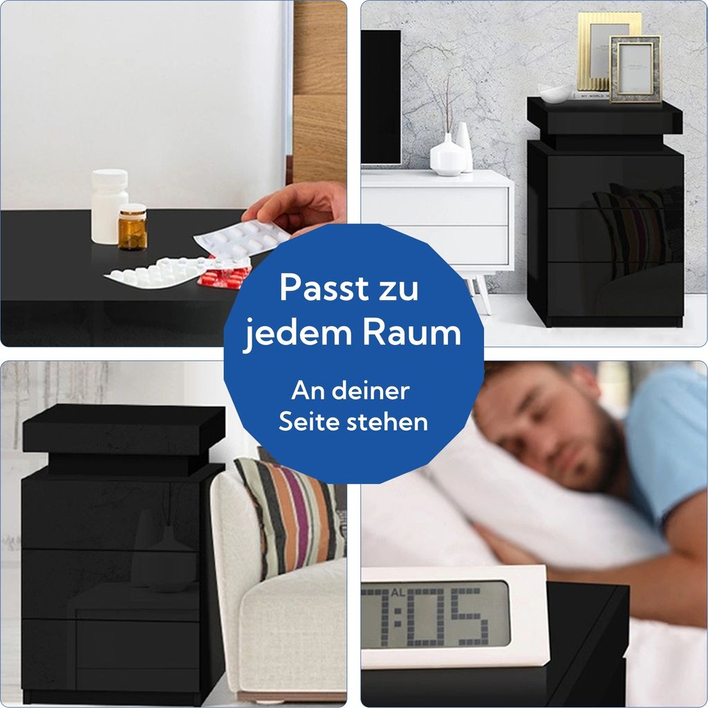 CLIPOP Nachttisch mit LED, 3 Schubladen, 1 Oberer Stauraum, Produktbild 4