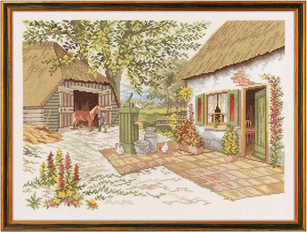 Grand kit point de croix compté avec fils pré-triés Ferme et cheval