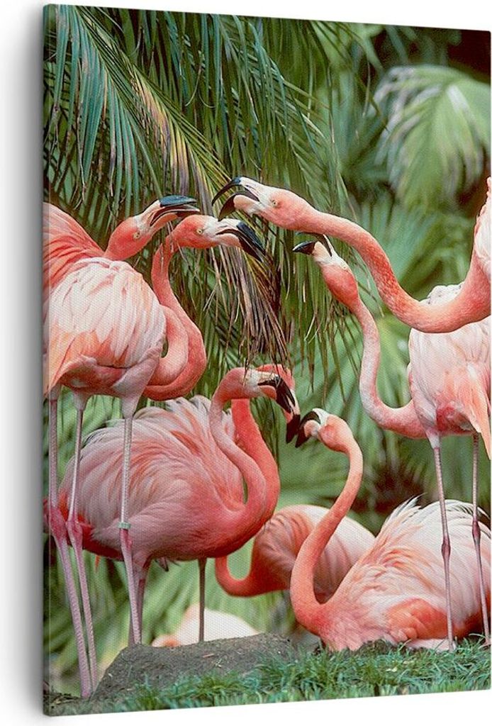 Bild auf Leinwand - Leinwandbild - Einteilig - Palmen Herde Flamingos - 50x70cm - Wand Bild - Wanddeko - Wandbilder - Leinwanddruck - Wanddekoratio...