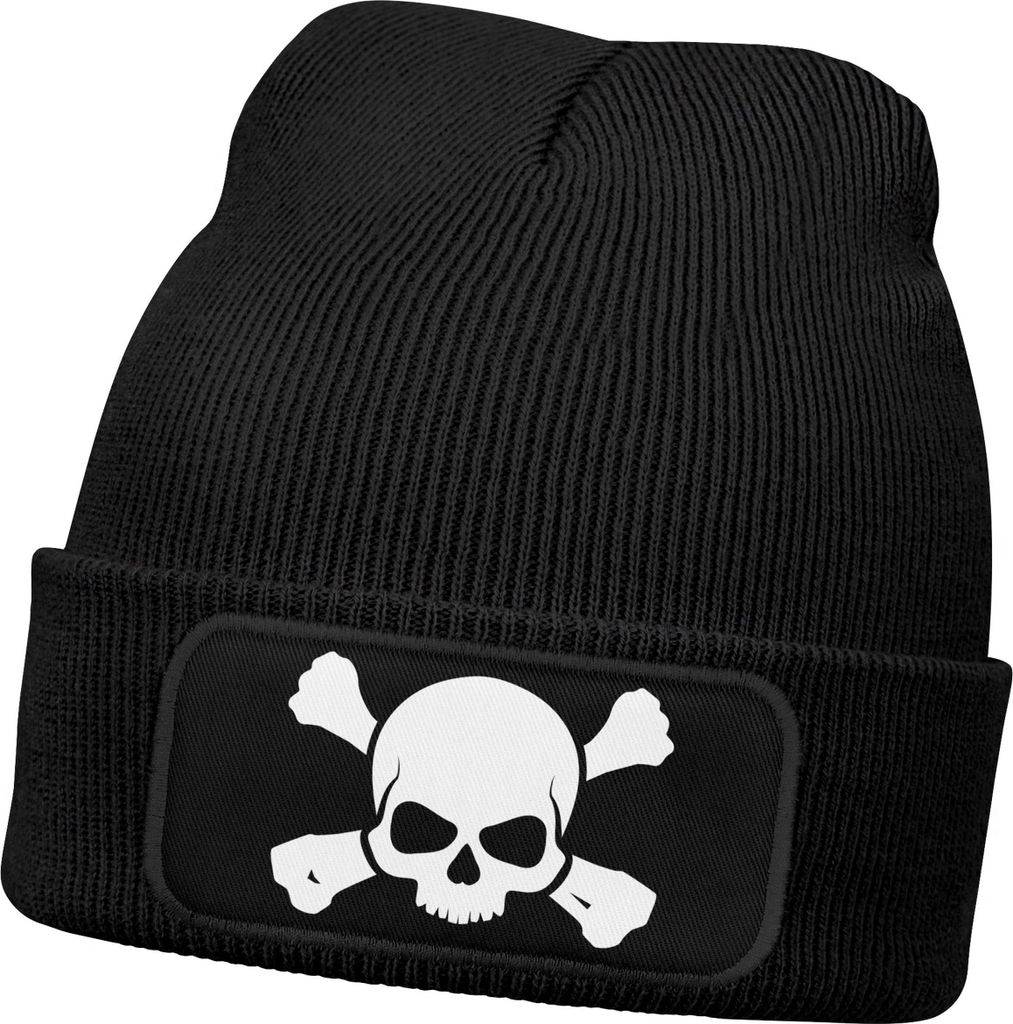 Herren Beanie mit Patch Skull Strickmütze Totenkopf Aufdruck Lustig Mütze Männer Moonworks