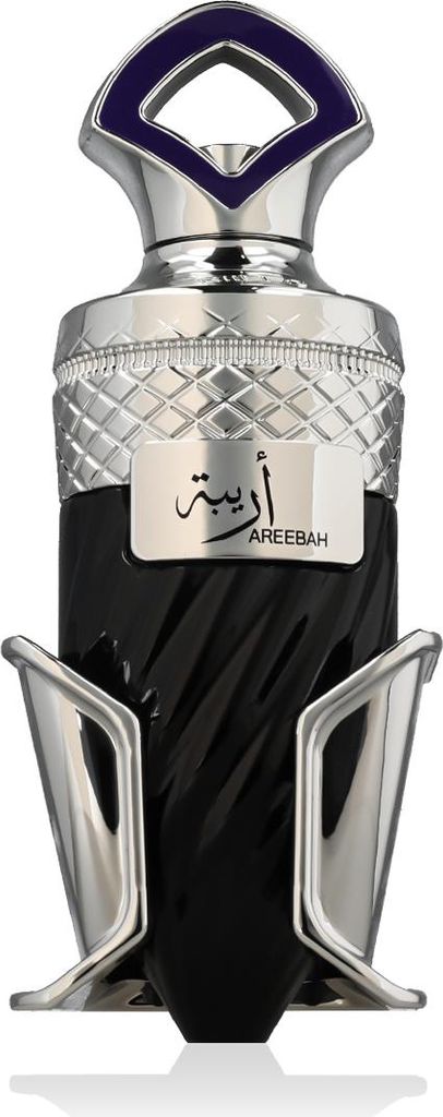A perfume bottle with a black, twisted glass body and a silver cap with a blue accent.