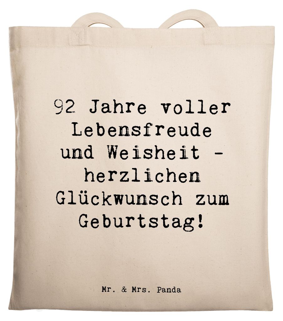 Mr. & Mrs. Panda Tote Bag Spruch 92. Geburtstag - Transparent - Geschenk, Schultasche, herzlichen Glückwunsch, dokumententasche, Shopping Tasche, ...