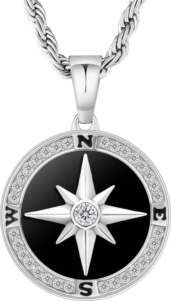 Pendentif boussole pour homme avec chaîne maille en acier bicolore