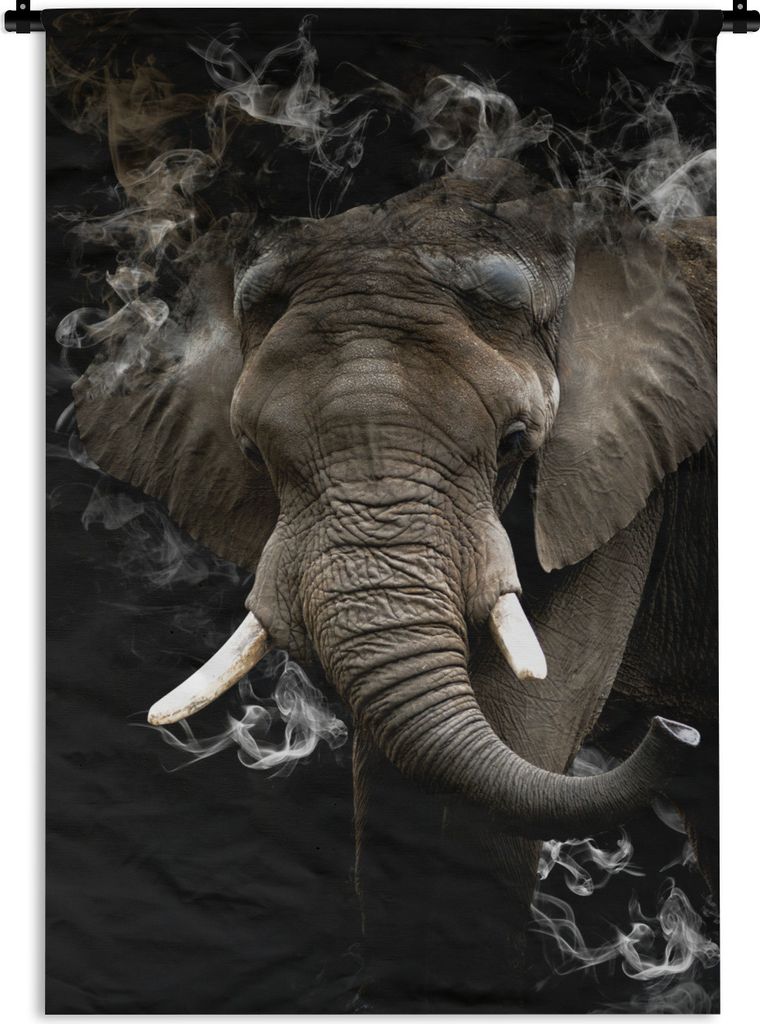 MuchoWow Wandteppich Wandbehang Elefant - Rauchen - Schwarz 90x135 cm Tapisserie Dekoration Wandtuch - Baumwolle - Wandskulptur