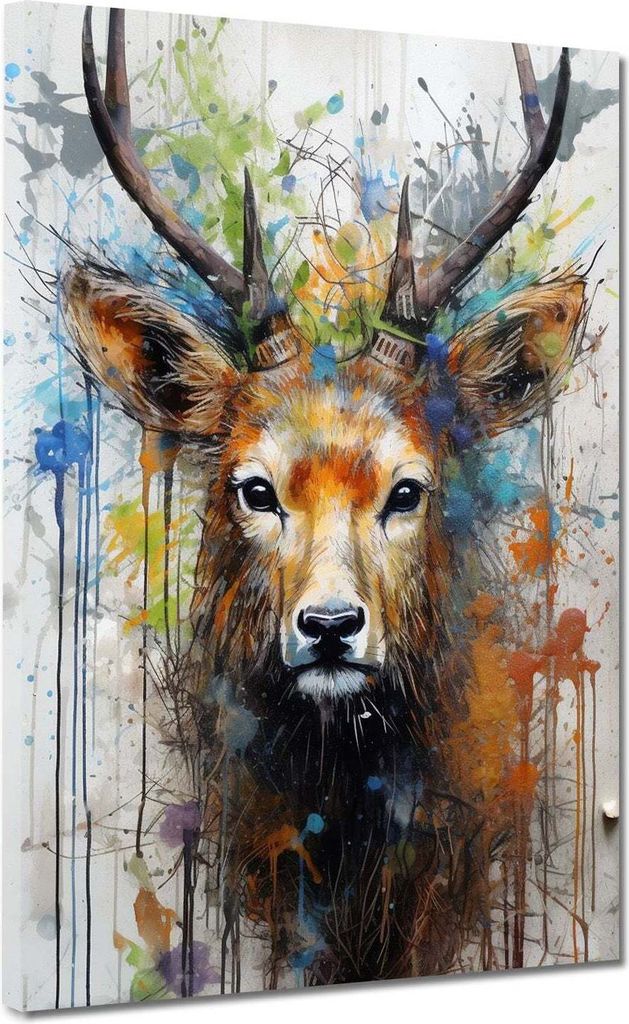 Hirsch Pop Art Leinwandbild Wandbild Kunstdruck XL Wanddeko abstrakt: 90x120x2cm