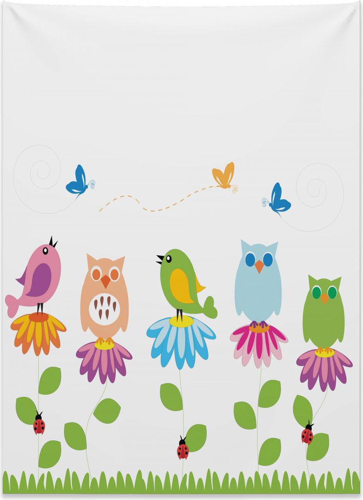 Abakuhaus Blumen Wandteppich, Cartoon Kamille Vögel aus Weiches Mikrofaser Stoff Kein Verblassen Klare Farben Waschbar, 110 x 150 cm, Mehrfarbig
