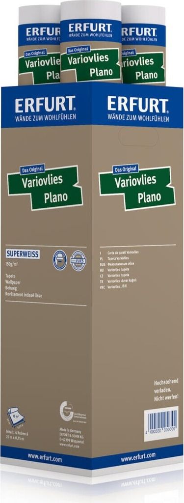 A product shot of several rolls of Erfurt Variovlies Plano wallpaper stacked on top of a cardboard box.