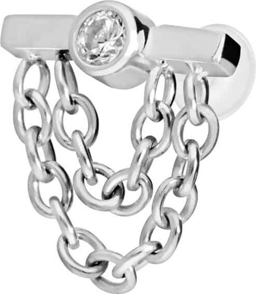 Ohrpiercing, Nasenpiercing PTFE Labret mit Innengewinde + Titan-Aufsatz BALKEN + KRISTALL + 2 KETTEN Silber Stablänge: 7mm | Stabstärke: 1,2mm
