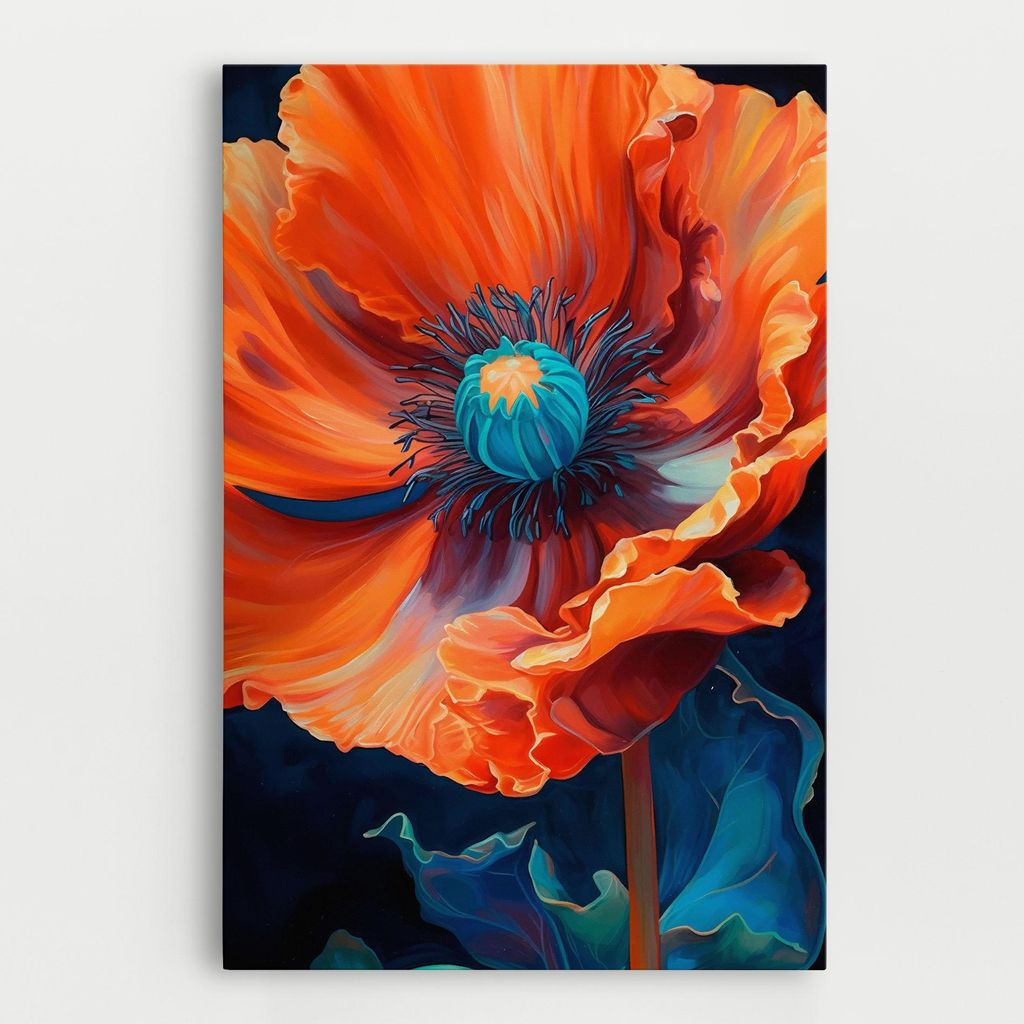 ARTHUB Leinwandbild 80x120 cm, Orange Blue Poppy | Wohnzimmerdekoration, Hängende Bilder, Wanddekoration, Heimdekoration, Blumen, Mohnblumen