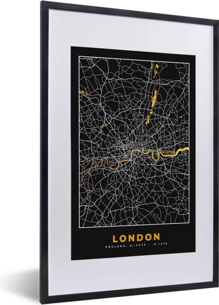 MuchoWow Gerahmtes Poster London - Stadtplan - Gold - Karte 40x60 cm - Poster mit Schwarzem Bilderrahmen Wandposter Rahmen Foto Bilder - Poster i...