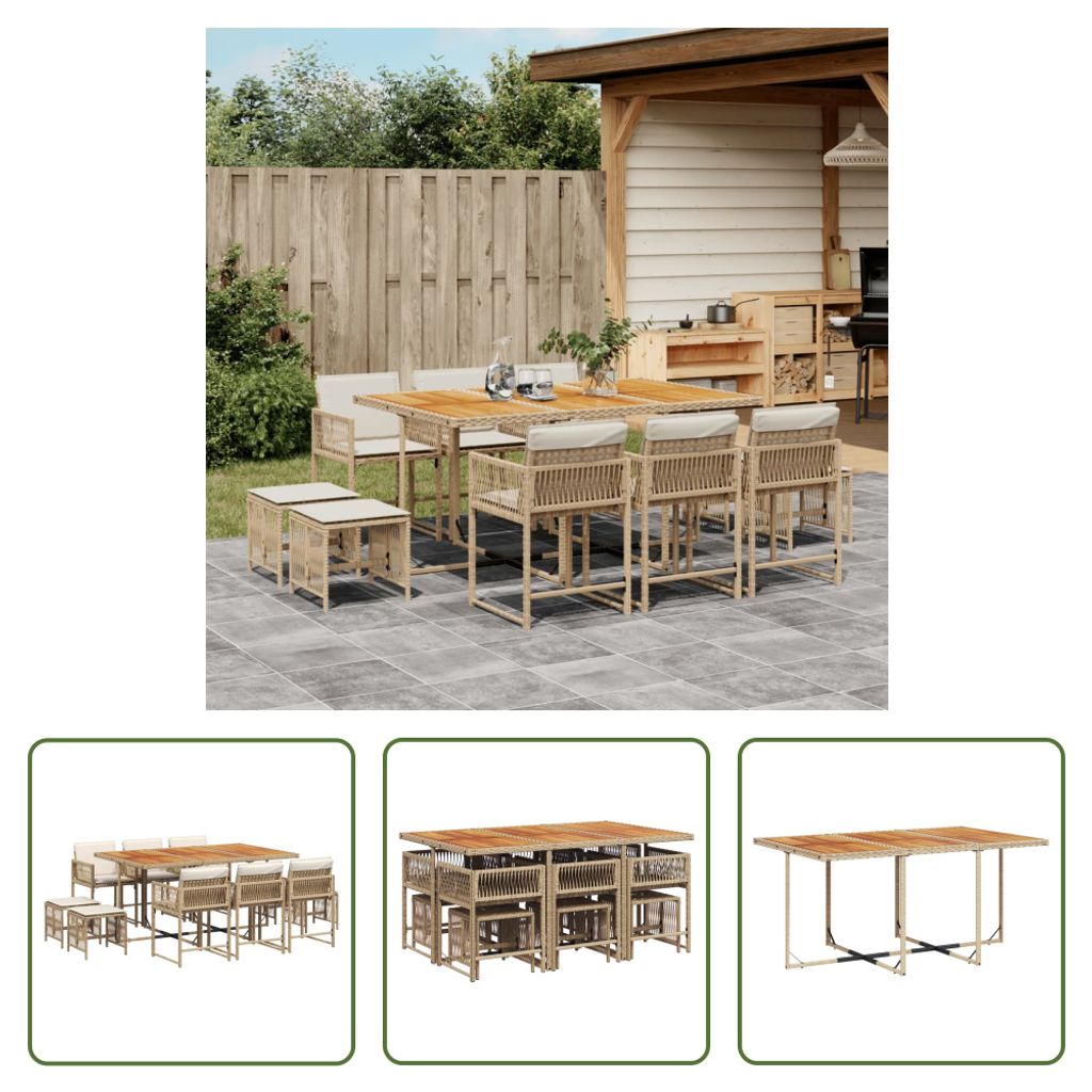The Living Store 11-tlg. Garten-Essgruppe mit Kissen Beige Poly Rattan