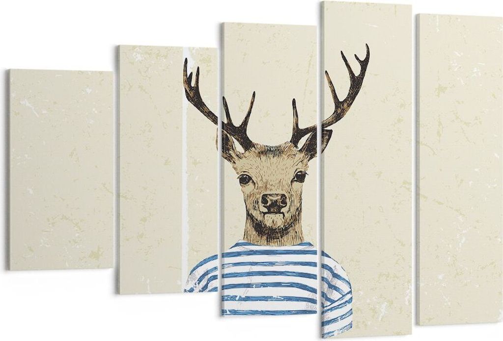Bild auf Leinwand - Leinwandbild - 5 Teile - Hipster Anthropomorphismus Hirsch - 150x100cm Wand Bild Wanddeko Wandbilder Leinwanddruck Bilder Wandd...