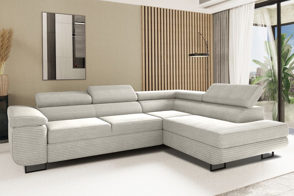Kaiser Möbel Ecksofa mit schlaffunktion und bettkasten Eckcouch L-Form ATOMIC stoff Poso Rechts Hellgrau