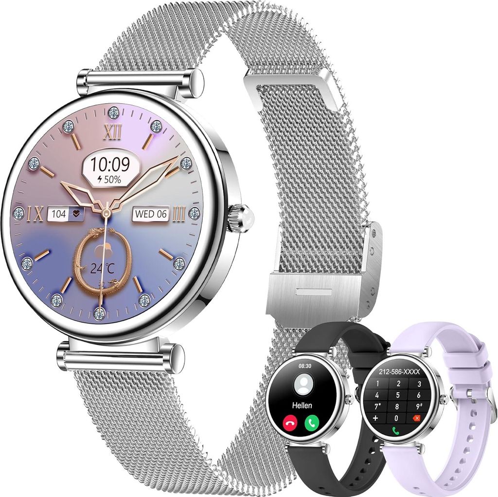 Smartwatch Damen mit Telefonfunktion, 1,27" AMOLED SpO2 Pulsuhr Menstruationszyklus Schlafmonitor, 110+ Sport Fitness Tracker IP67