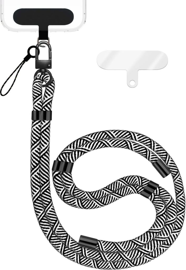 HoldMe Edition - Lanyard mit Karabiner Schwarz & 2 Pads - Universal Handykette Nylon Umhänge Band - Schwarz Weiß