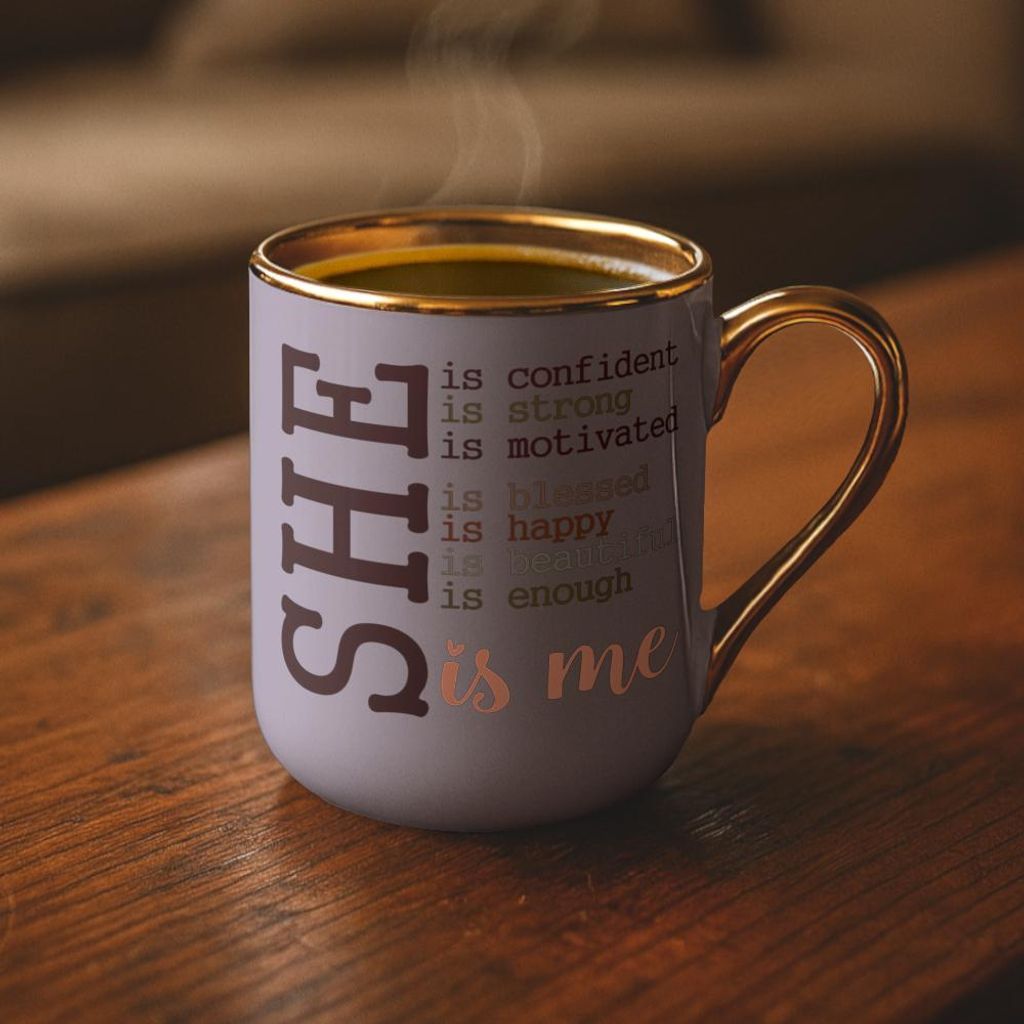 Kaffee Tasse mit glänzendem Goldrand Spruch Starke, Selbstbewusste Frau - Violett
