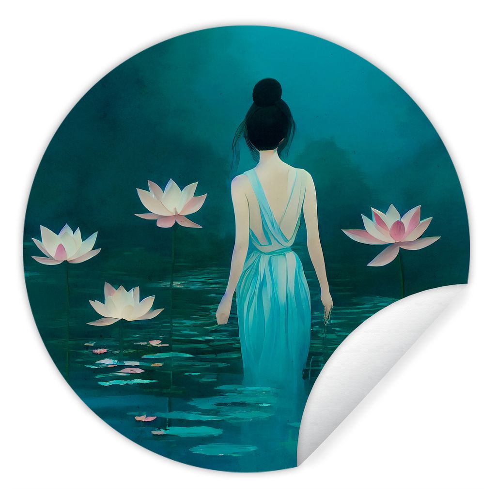 MuchoWow Runde Wandtattoo - Wandsticker Tapete Aufkleber Frau - Porträt - Wasser - Blumen - Lilie Ø 100 cm Selbstklebend und Repositionierbar -...