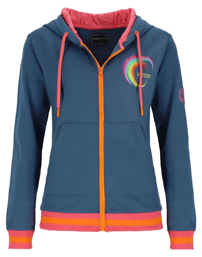 Wattlöper Damen Sweatjacke mit rundem Backprint in Regenbogen-Farben - Kapuzenjacke mit Reißverschluss in Dunkelblau Größe XXL