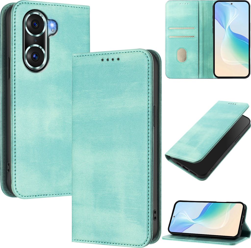 Handyhülle für Honor 60 Pro, Vintage Leder RFID Schutz Kartenfach Standfunktion Magnetische Klapphülle Türkis