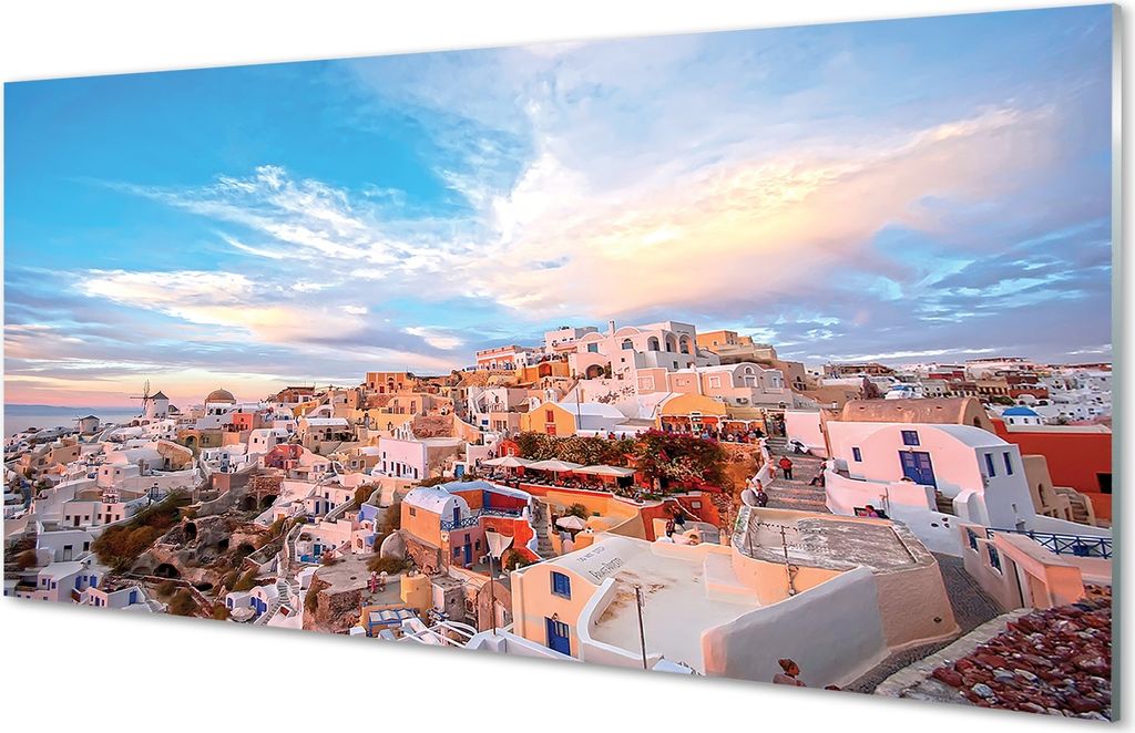 Spritzschutz 100x50 Wandkunst Griechenland Panorama der Stadt Sonnenuntergang