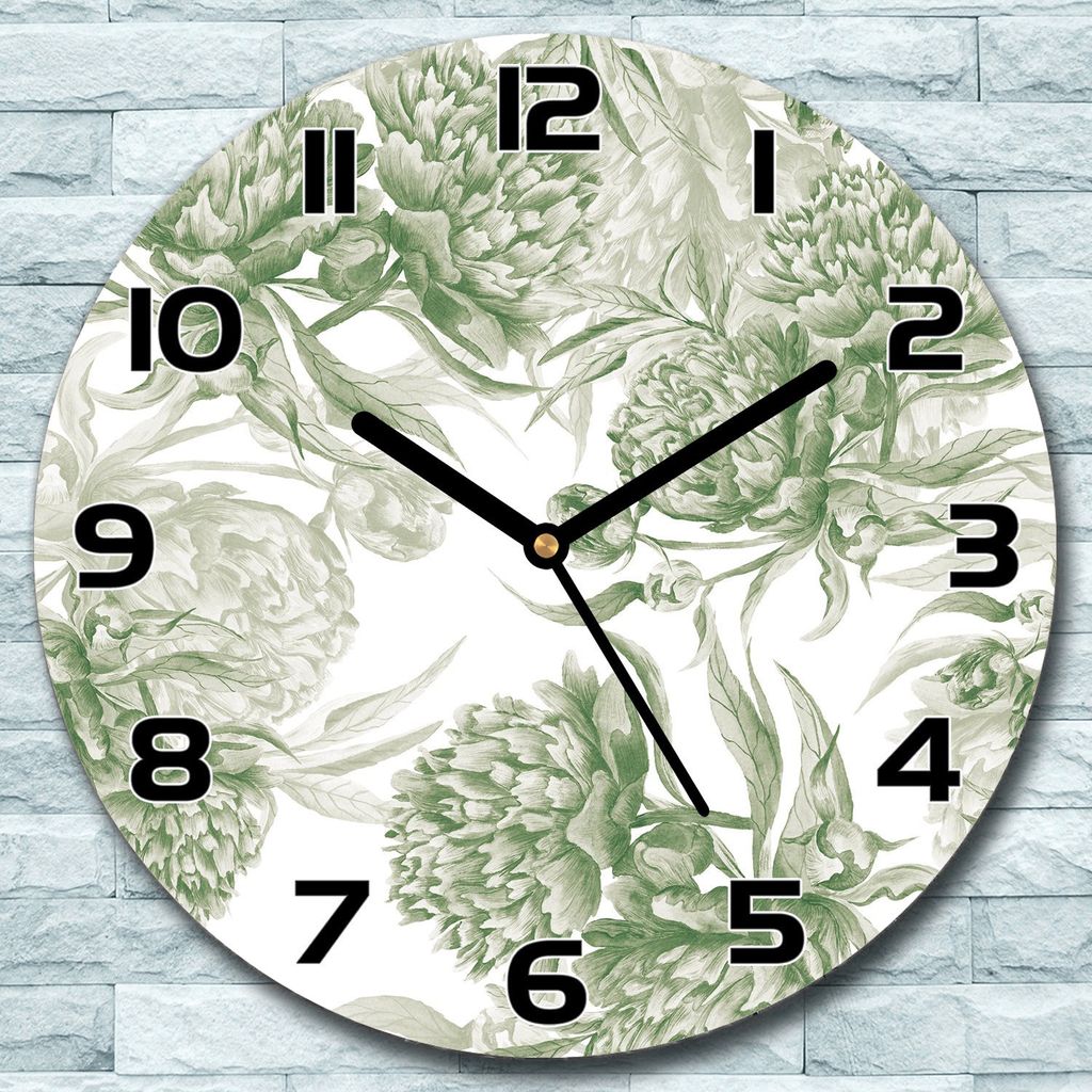 Wanduhr aus Glas Rund fi 30 Grüne Pfingstrosen Quarz Deko Schlafzimmer Büro
