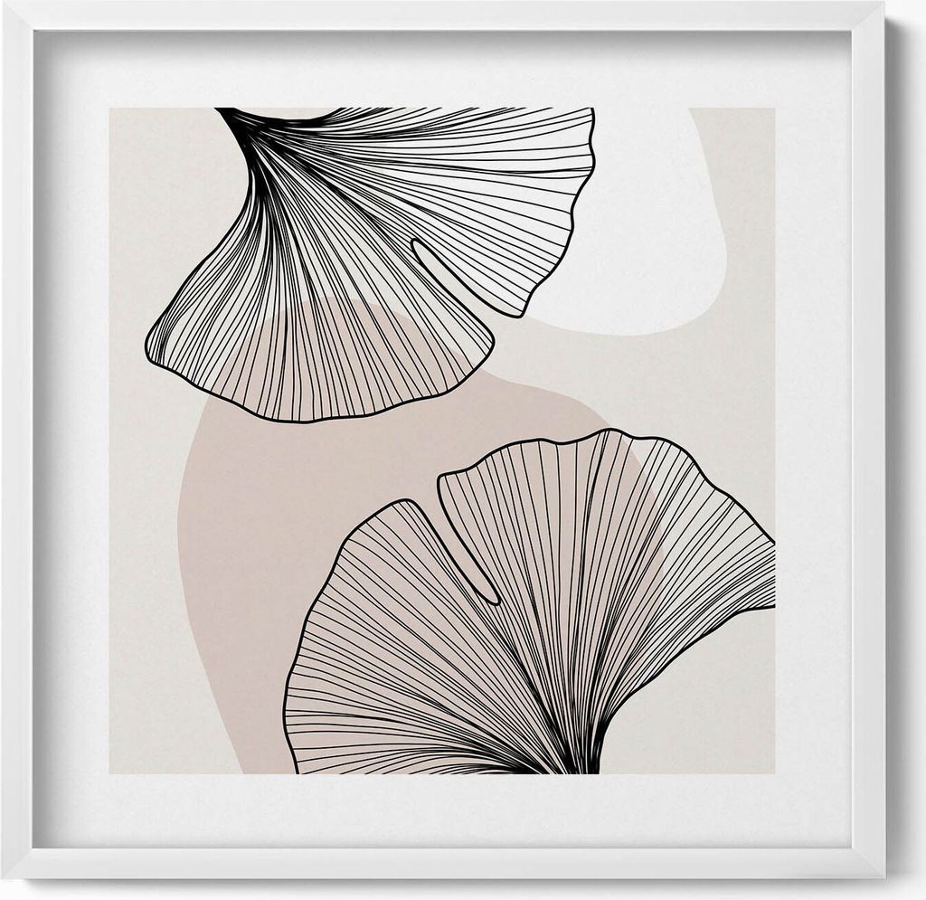 Lineare Ginkgoblätter im Boho-Stil– Wandbild mit Rahmen – Gerahmtes Bild – Wanddekoration – 50x50 cm – Weiß Rahmen