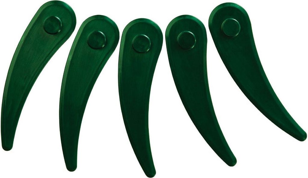 A set of five green plastic trimmer blades arranged in a curved line against a white background.