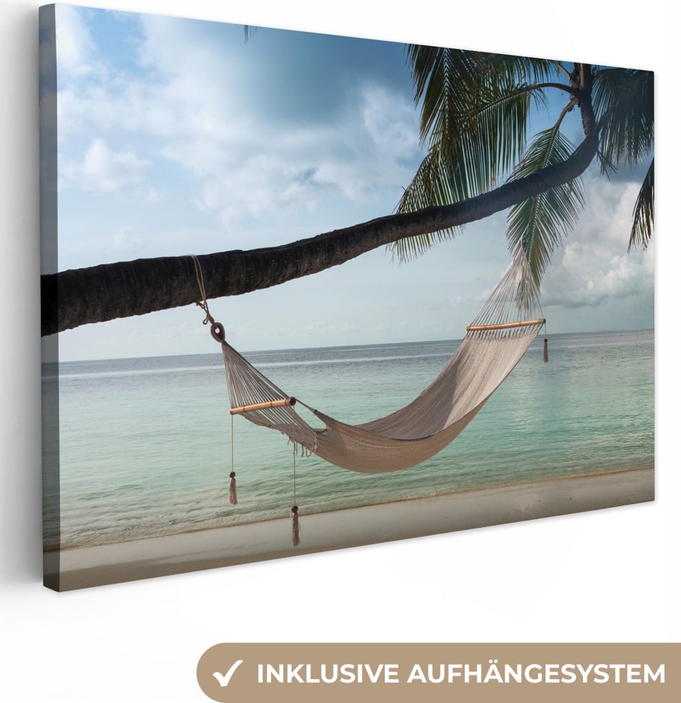OneMillionCanvasses - Leinwandbilder - 150x100 cm, Palme - Hängematte - Strand, Wandbilder Kunstdruck Wanddekoration