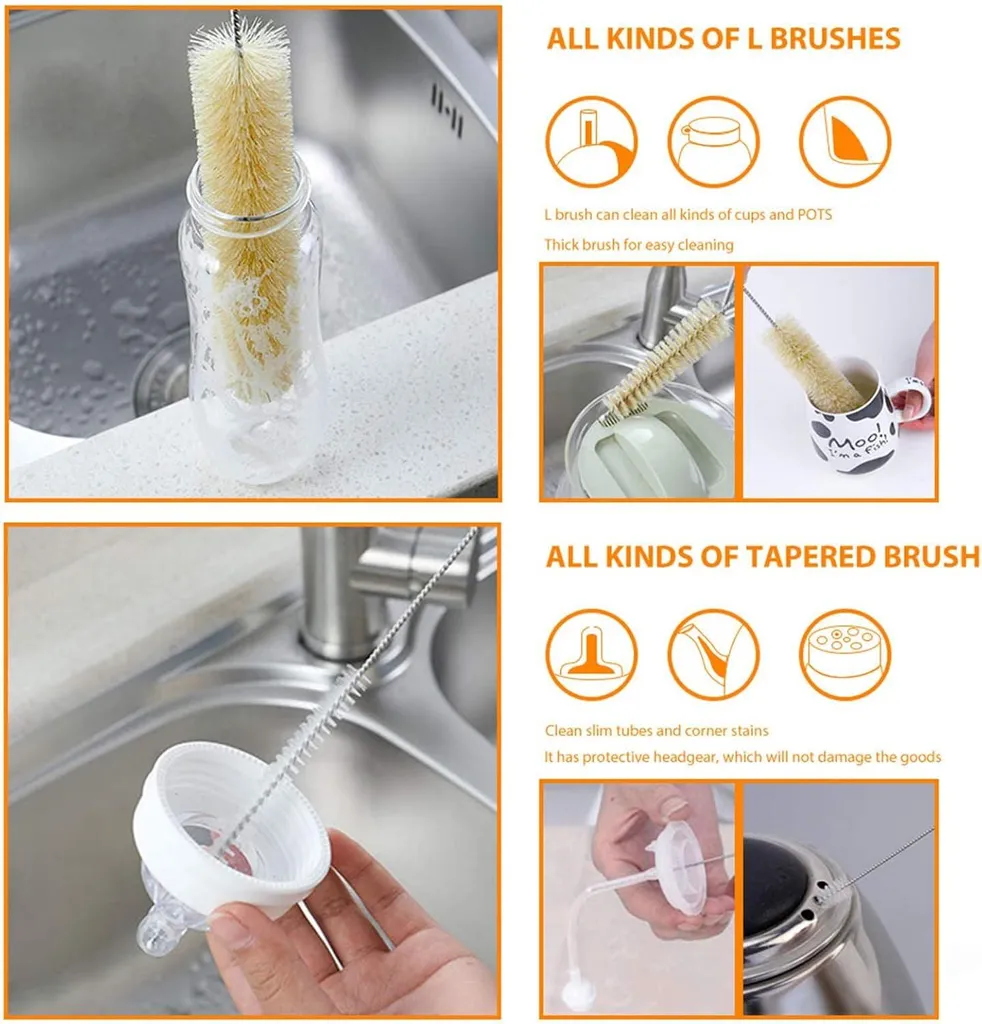 Jeu de 9 brosses à bouteilles multifonctionnelles avec embouts en coton