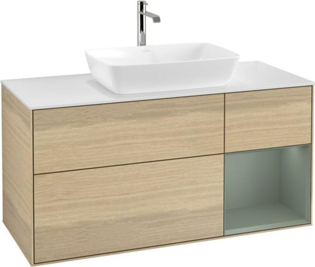 V&B Waschtischunterschrank Wandbeleuchtung Finion 120cm, Pl wh. m, Reg Oli. m Lac, Oa ven