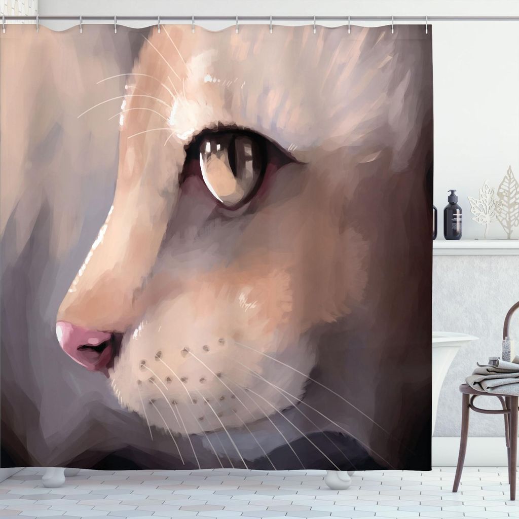 ABAKUHAUS Katze Duschvorhang, Kitty Zoom Gesicht Close Up Aquarell Optik Eindrucksvoll Grosse Augen Muster, 175 x 200 cm, Creme