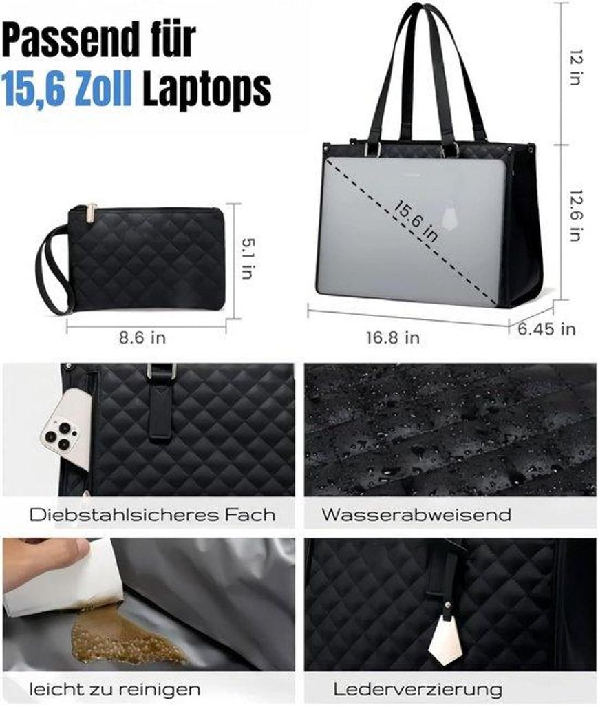 15,6-Zoll-Laptop-Tas, 2-in-1-Handtas, Isolierte-Lunch-Kammer, Volumen-Tas, Schule-Office-Tasche, Schwarz