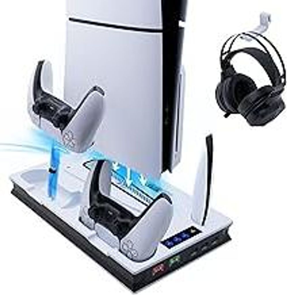 Wigearss PS5/PS5 Slim/PS5 Pro Kühler Standfuß mit Dual Controller Ladegerät, PS5 Controller Ladestation Standfuß mit Lüfter für PS5/PS5 Slim/...