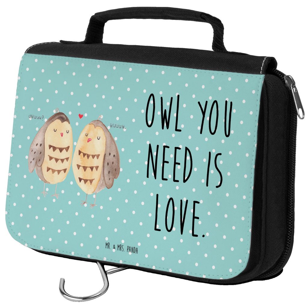 Mr. & Mrs. Panda Kulturbeutel Eulen Liebe - Türkis Pastell - Geschenk, Liebesspruch, Wortspiel Lustig, Make-Up Tasche, Schminktasche, Eule, Freund...